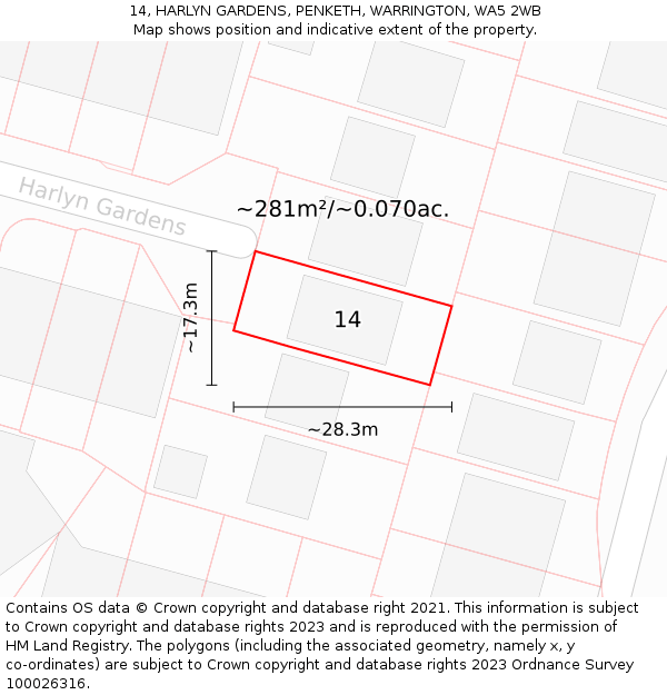 14, HARLYN GARDENS, PENKETH, WARRINGTON, WA5 2WB: Plot and title map