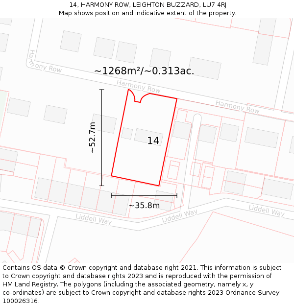14, HARMONY ROW, LEIGHTON BUZZARD, LU7 4RJ: Plot and title map