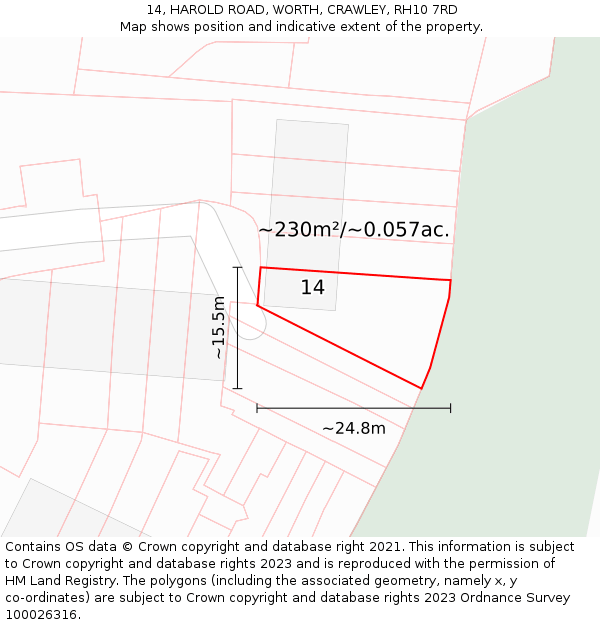 14, HAROLD ROAD, WORTH, CRAWLEY, RH10 7RD: Plot and title map