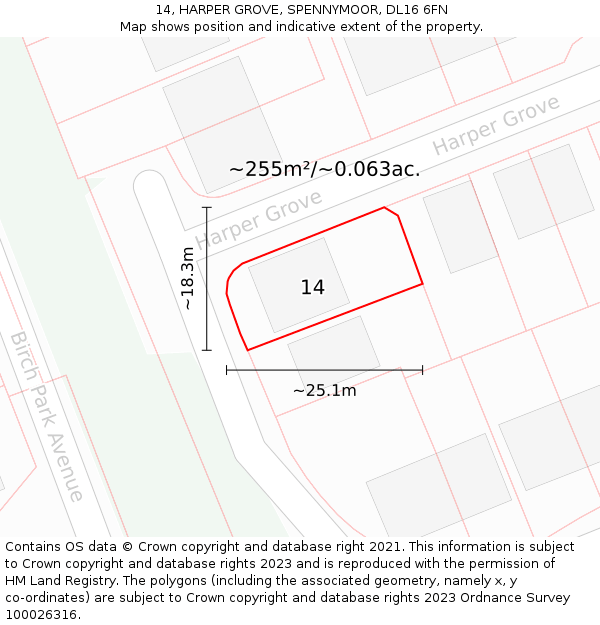 14, HARPER GROVE, SPENNYMOOR, DL16 6FN: Plot and title map
