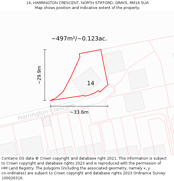 14, HARRINGTON CRESCENT, NORTH STIFFORD, GRAYS, RM16 5UA: Plot and title map