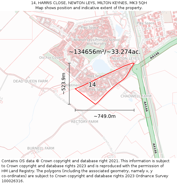 14, HARRIS CLOSE, NEWTON LEYS, MILTON KEYNES, MK3 5QH: Plot and title map