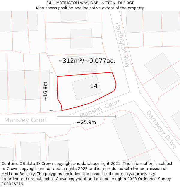 14, HARTINGTON WAY, DARLINGTON, DL3 0GP: Plot and title map