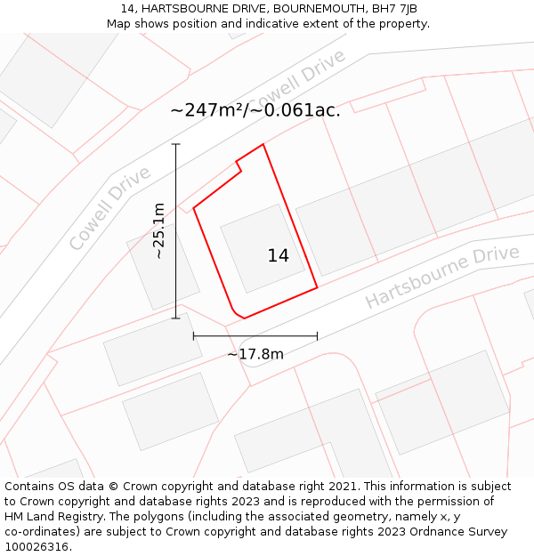 14, HARTSBOURNE DRIVE, BOURNEMOUTH, BH7 7JB: Plot and title map