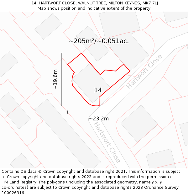 14, HARTWORT CLOSE, WALNUT TREE, MILTON KEYNES, MK7 7LJ: Plot and title map