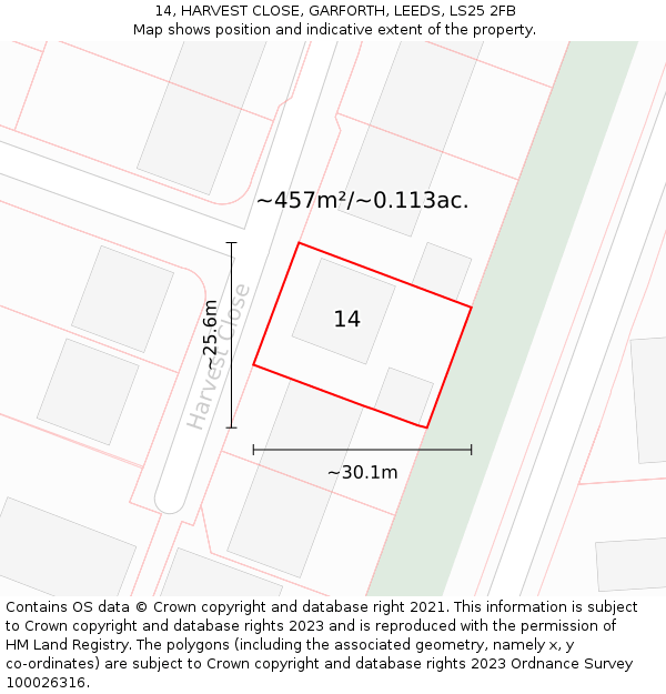 14, HARVEST CLOSE, GARFORTH, LEEDS, LS25 2FB: Plot and title map