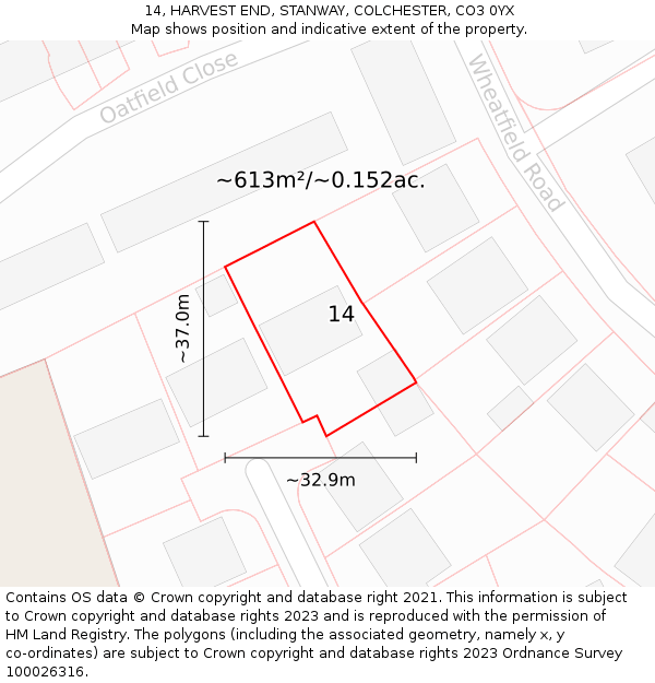 14, HARVEST END, STANWAY, COLCHESTER, CO3 0YX: Plot and title map