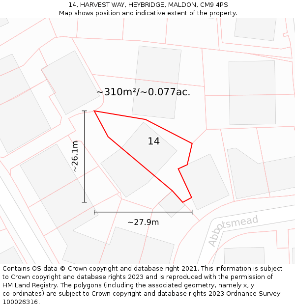 14, HARVEST WAY, HEYBRIDGE, MALDON, CM9 4PS: Plot and title map