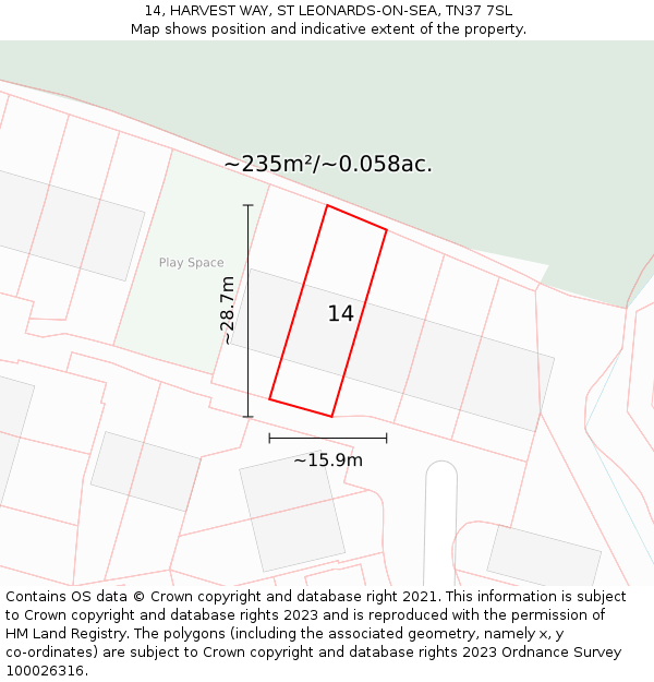 14, HARVEST WAY, ST LEONARDS-ON-SEA, TN37 7SL: Plot and title map