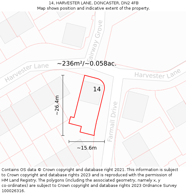 14, HARVESTER LANE, DONCASTER, DN2 4FB: Plot and title map