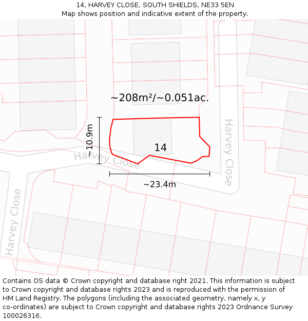 14, HARVEY CLOSE, SOUTH SHIELDS, NE33 5EN: Plot and title map
