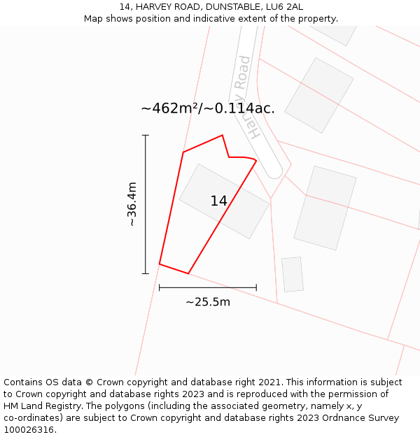14, HARVEY ROAD, DUNSTABLE, LU6 2AL: Plot and title map