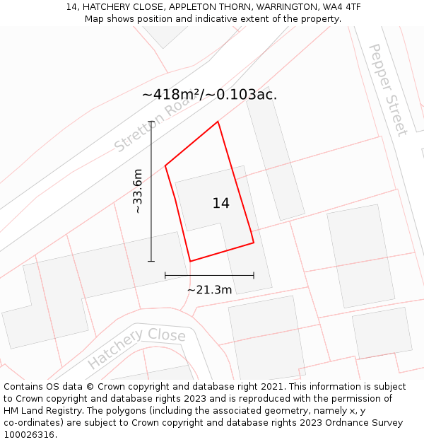 14, HATCHERY CLOSE, APPLETON THORN, WARRINGTON, WA4 4TF: Plot and title map