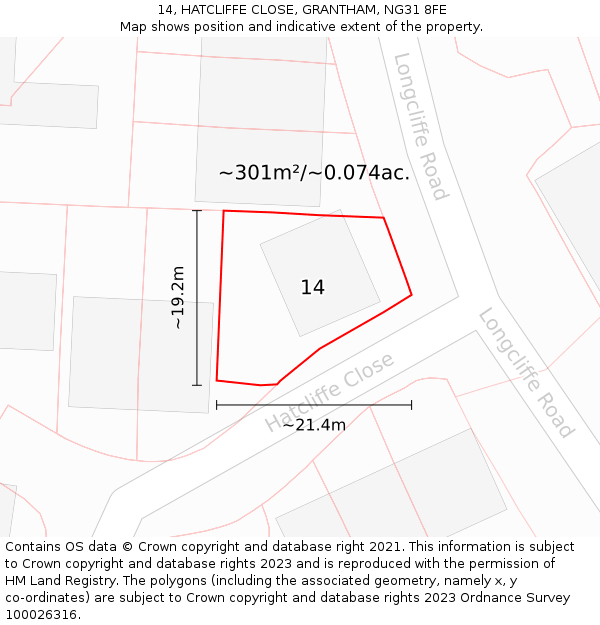 14, HATCLIFFE CLOSE, GRANTHAM, NG31 8FE: Plot and title map