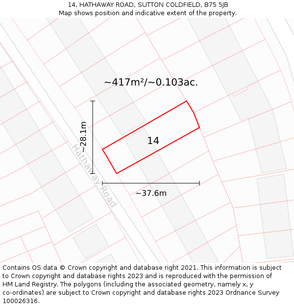 14, HATHAWAY ROAD, SUTTON COLDFIELD, B75 5JB: Plot and title map
