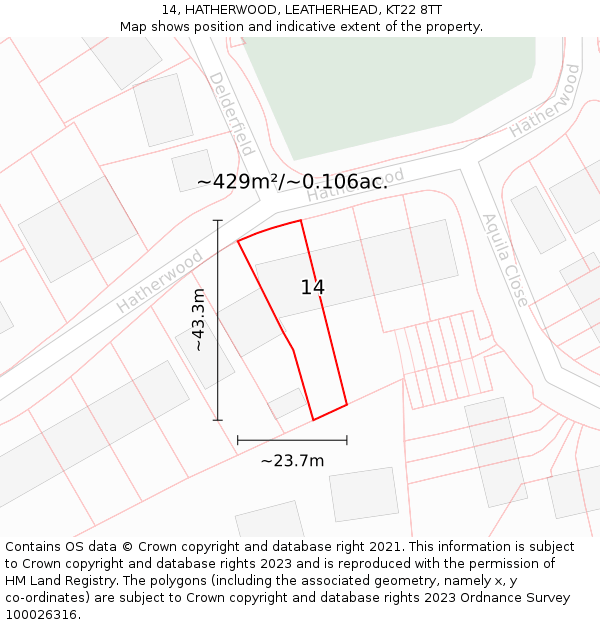 14, HATHERWOOD, LEATHERHEAD, KT22 8TT: Plot and title map