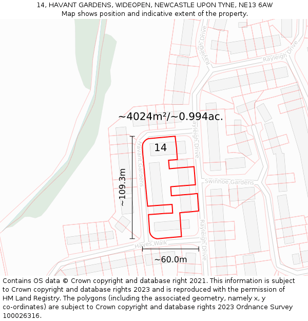 14, HAVANT GARDENS, WIDEOPEN, NEWCASTLE UPON TYNE, NE13 6AW: Plot and title map