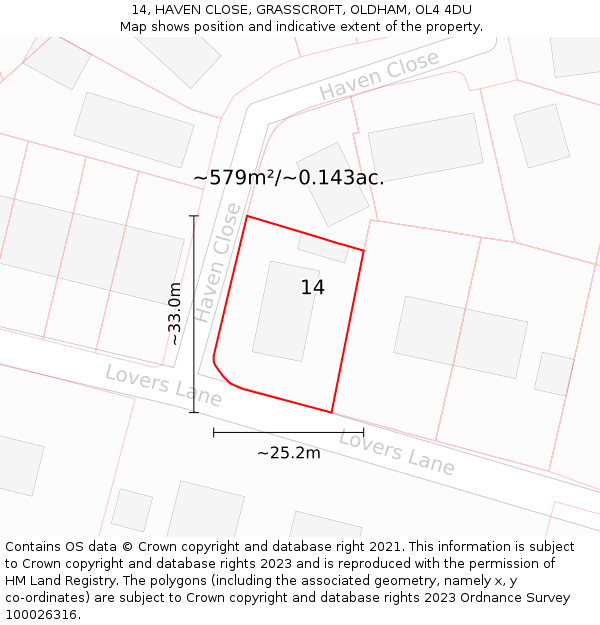 14, HAVEN CLOSE, GRASSCROFT, OLDHAM, OL4 4DU: Plot and title map