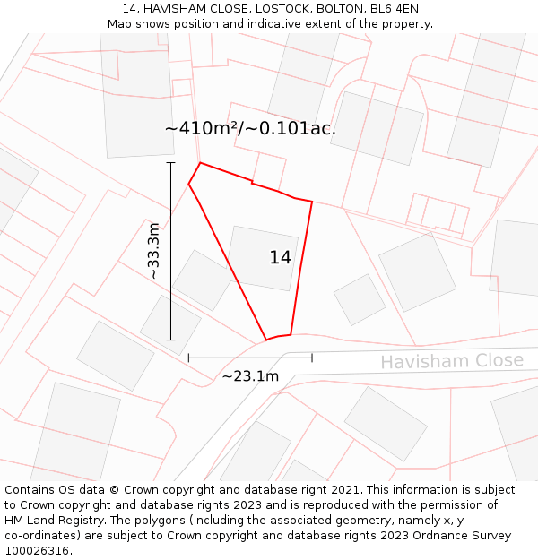 14, HAVISHAM CLOSE, LOSTOCK, BOLTON, BL6 4EN: Plot and title map