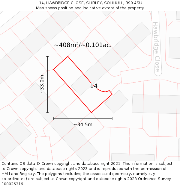 14, HAWBRIDGE CLOSE, SHIRLEY, SOLIHULL, B90 4SU: Plot and title map