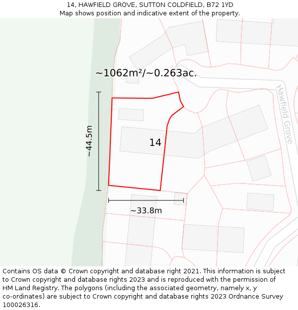 14, HAWFIELD GROVE, SUTTON COLDFIELD, B72 1YD: Plot and title map