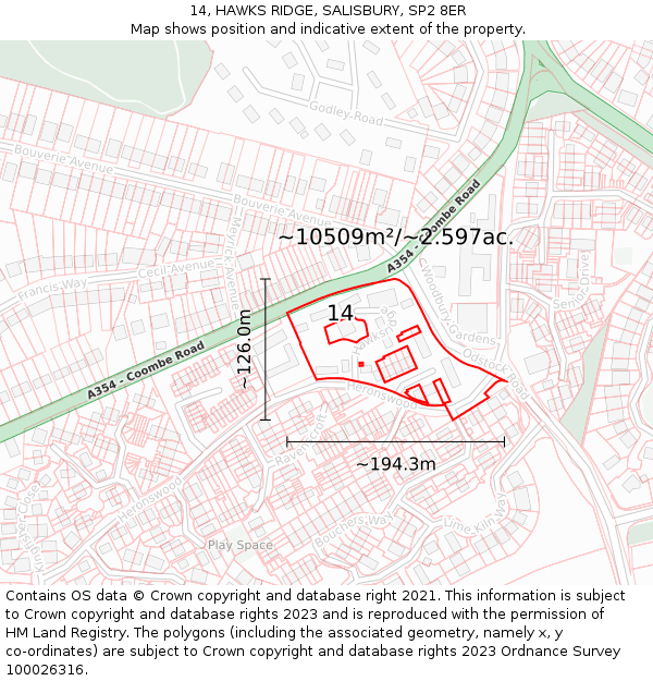 14, HAWKS RIDGE, SALISBURY, SP2 8ER: Plot and title map
