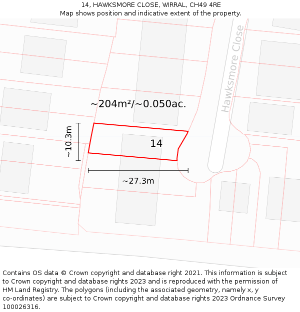 14, HAWKSMORE CLOSE, WIRRAL, CH49 4RE: Plot and title map