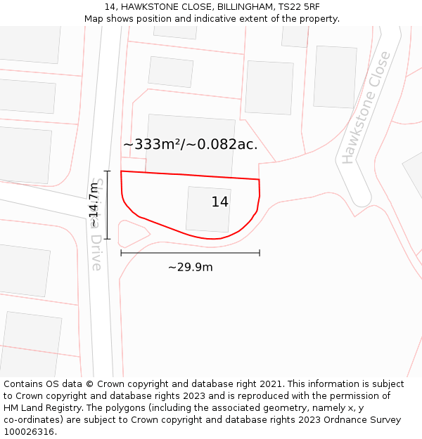 14, HAWKSTONE CLOSE, BILLINGHAM, TS22 5RF: Plot and title map