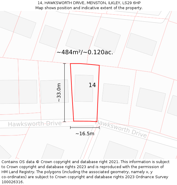 14, HAWKSWORTH DRIVE, MENSTON, ILKLEY, LS29 6HP: Plot and title map