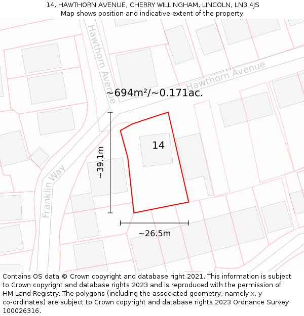 14, HAWTHORN AVENUE, CHERRY WILLINGHAM, LINCOLN, LN3 4JS: Plot and title map