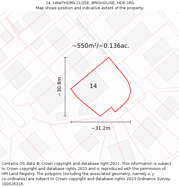 14, HAWTHORN CLOSE, BRIGHOUSE, HD6 1RG: Plot and title map
