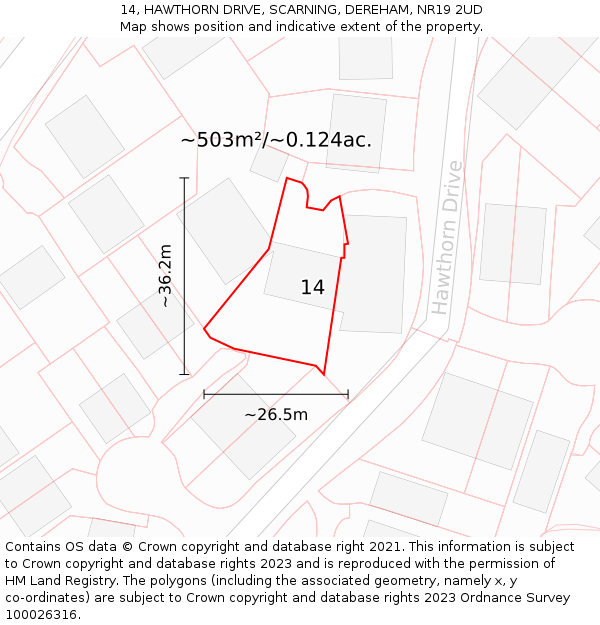 14, HAWTHORN DRIVE, SCARNING, DEREHAM, NR19 2UD: Plot and title map