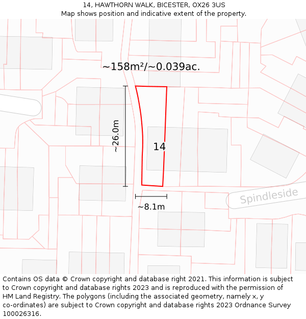 14, HAWTHORN WALK, BICESTER, OX26 3US: Plot and title map