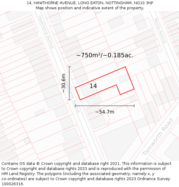 14, HAWTHORNE AVENUE, LONG EATON, NOTTINGHAM, NG10 3NF: Plot and title map