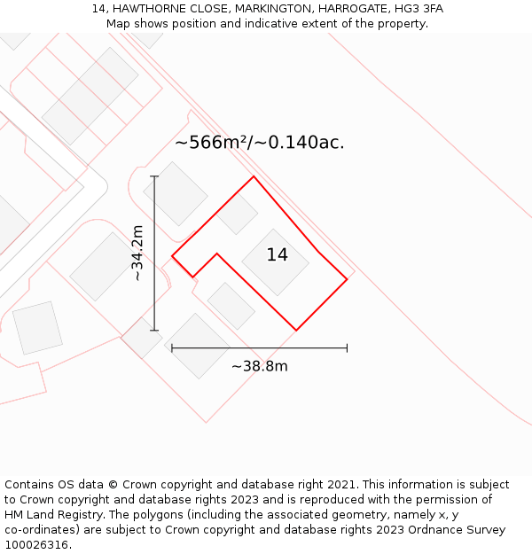 14, HAWTHORNE CLOSE, MARKINGTON, HARROGATE, HG3 3FA: Plot and title map