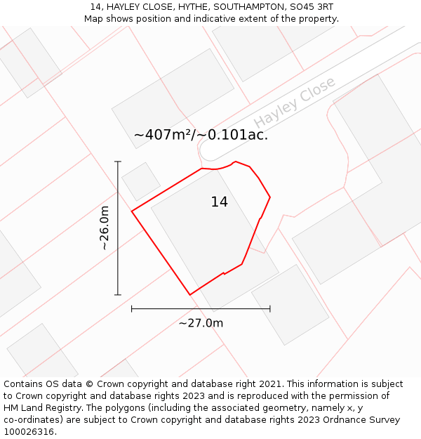 14, HAYLEY CLOSE, HYTHE, SOUTHAMPTON, SO45 3RT: Plot and title map