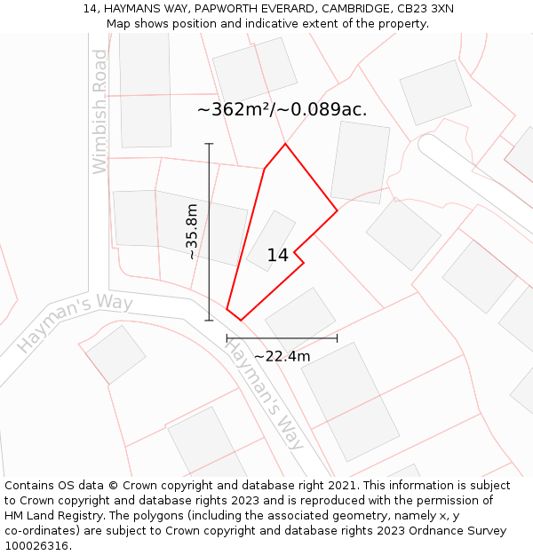 14, HAYMANS WAY, PAPWORTH EVERARD, CAMBRIDGE, CB23 3XN: Plot and title map