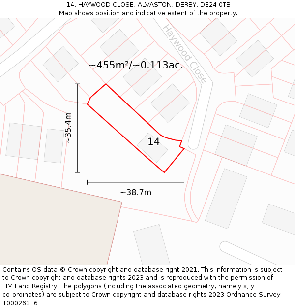 14, HAYWOOD CLOSE, ALVASTON, DERBY, DE24 0TB: Plot and title map