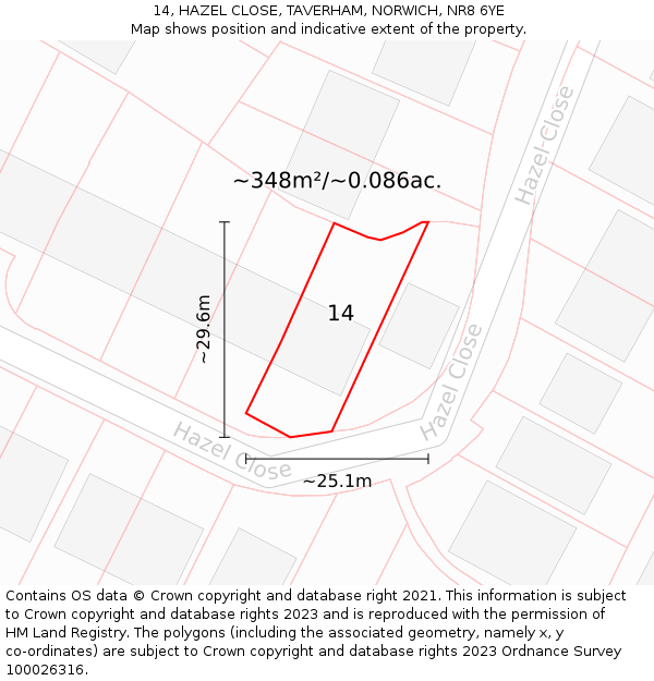 14, HAZEL CLOSE, TAVERHAM, NORWICH, NR8 6YE: Plot and title map