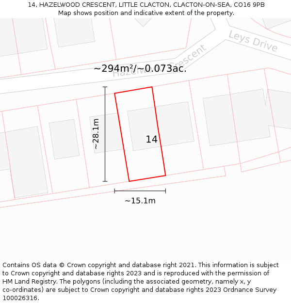14, HAZELWOOD CRESCENT, LITTLE CLACTON, CLACTON-ON-SEA, CO16 9PB: Plot and title map
