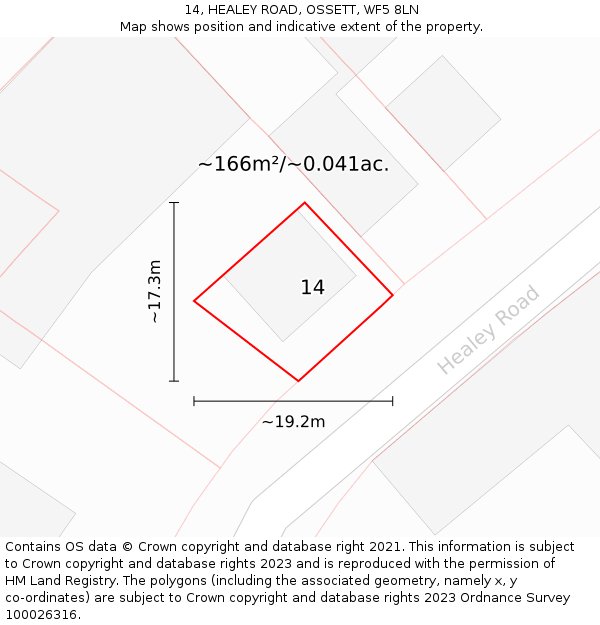 14, HEALEY ROAD, OSSETT, WF5 8LN: Plot and title map