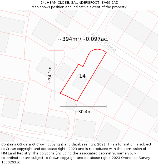 14, HEAN CLOSE, SAUNDERSFOOT, SA69 9AD: Plot and title map