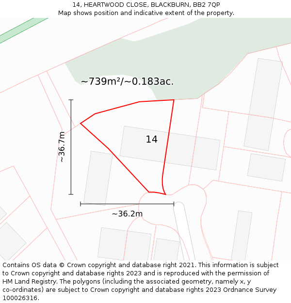 14, HEARTWOOD CLOSE, BLACKBURN, BB2 7QP: Plot and title map