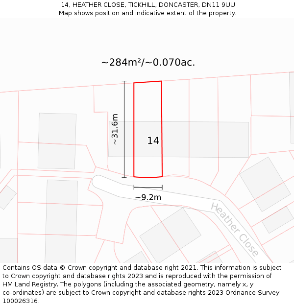 14, HEATHER CLOSE, TICKHILL, DONCASTER, DN11 9UU: Plot and title map