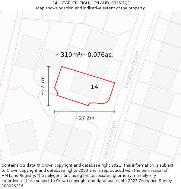 14, HEATHERLEIGH, LEYLAND, PR26 7QF: Plot and title map