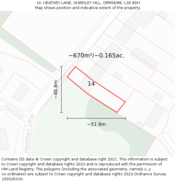 14, HEATHEY LANE, SHIRDLEY HILL, ORMSKIRK, L39 8SH: Plot and title map