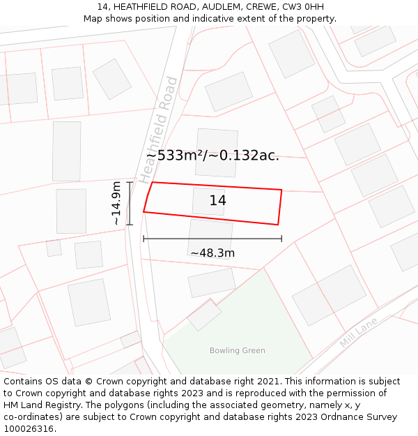 14, HEATHFIELD ROAD, AUDLEM, CREWE, CW3 0HH: Plot and title map