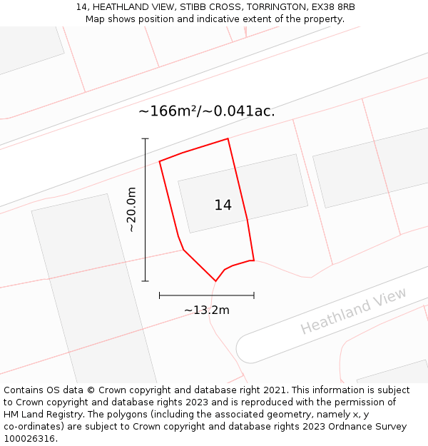 14, HEATHLAND VIEW, STIBB CROSS, TORRINGTON, EX38 8RB: Plot and title map