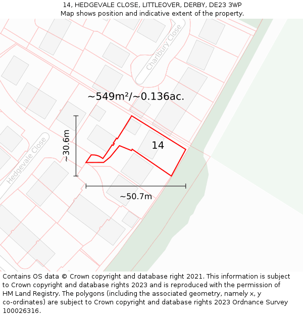 14, HEDGEVALE CLOSE, LITTLEOVER, DERBY, DE23 3WP: Plot and title map