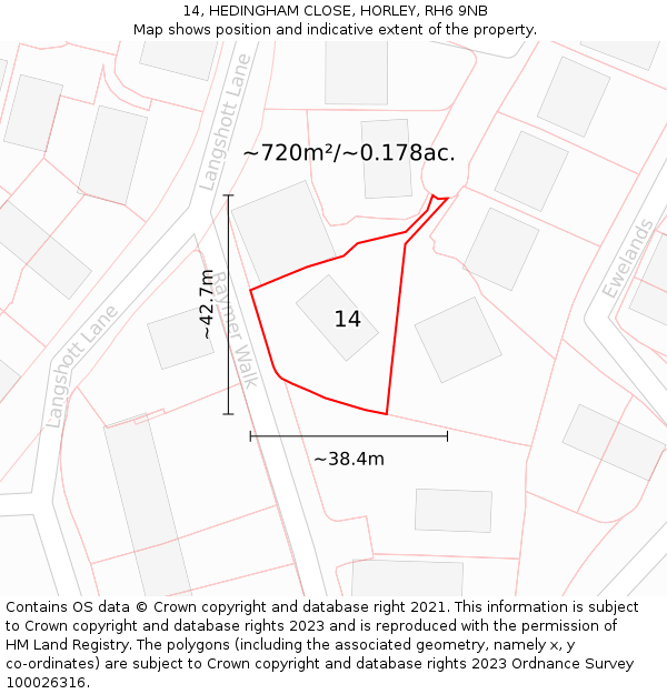 14, HEDINGHAM CLOSE, HORLEY, RH6 9NB: Plot and title map